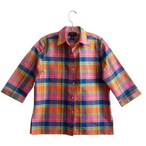 Jones New York Signature Spring Summer Preppy Plaid Silk Shantung Blouse M EUC